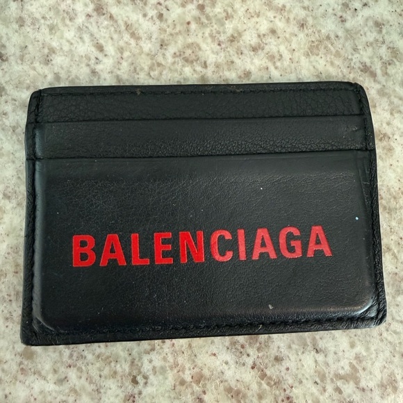 Balenciaga Accessories - Balenciaga Black Leather Card Holder with Red Logo